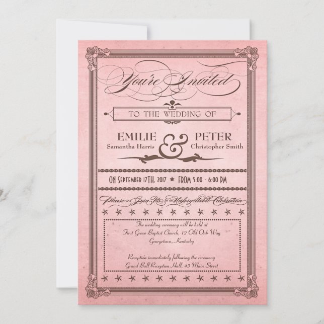 Vintage Poster Romantic Pink & Brown Wedding, RSVP Invitation (Front)