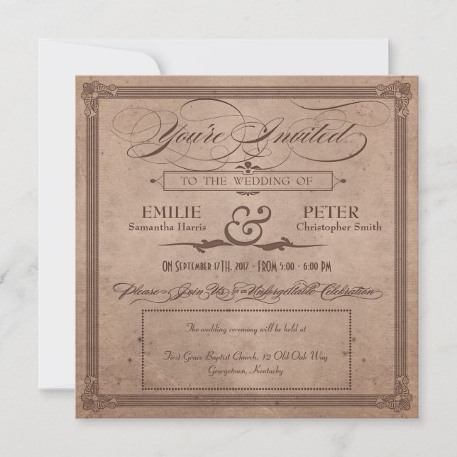 Vintage Poster Rustic Cocoa Wedding & Reception Invitation (Front)