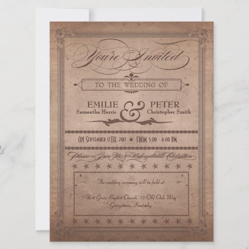 Vintage Poster Rustic Cocoa Wedding &amp; Reception Personalized Invitations