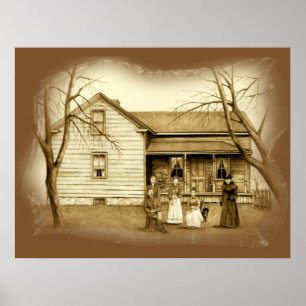 Vintage Poster: Sepia Drawing Farm House Family Poster