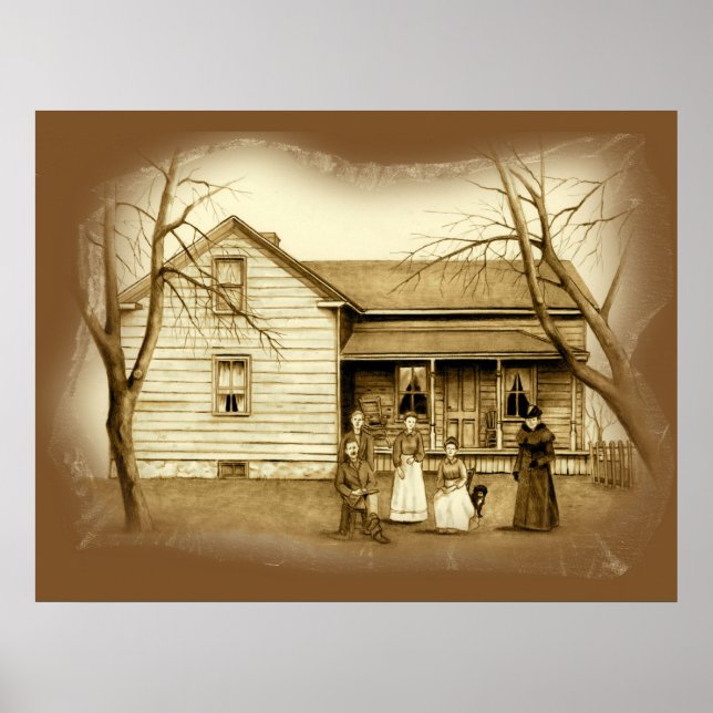 Vintage Poster: Sepia Drawing Farm House Family Poster (Front)