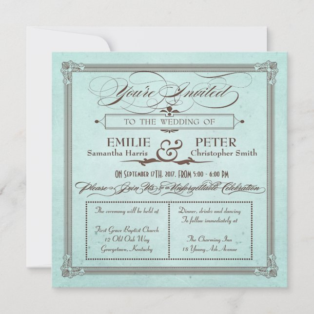 Vintage Poster Style Blue & Brown Square Wedding Invitation (Front)