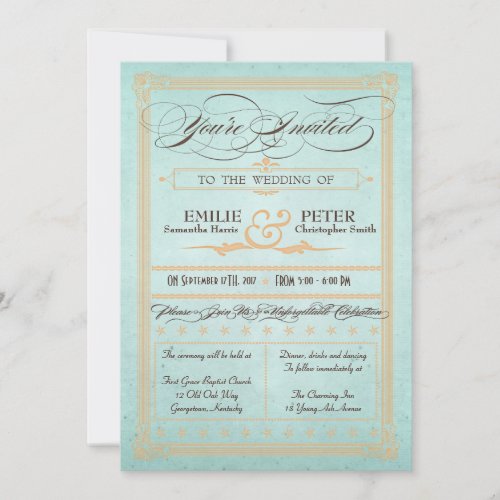 Vintage Poster Style Blue Wedding Invitation