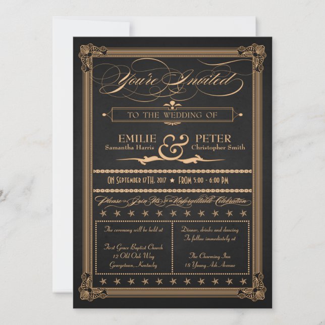 Vintage Poster Style Charcoal and Gold Wedding Invitation (Front)