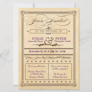 Vintage Poster Style Cream & Brown Wedding Invite