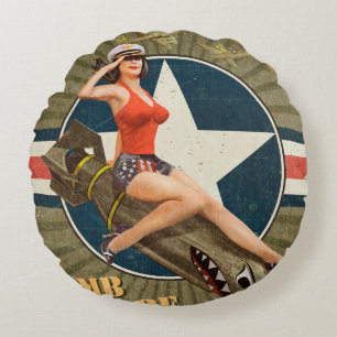 Vintage poster with pin-up girl on bomb. abstract, round pillow