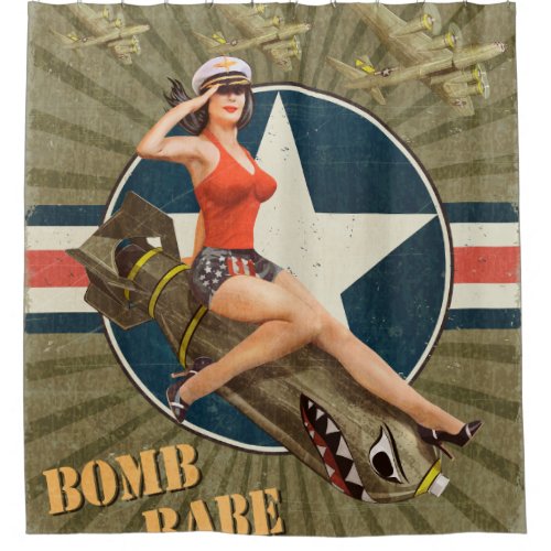 Vintage poster with pin_up girl on bomb abstract shower curtain