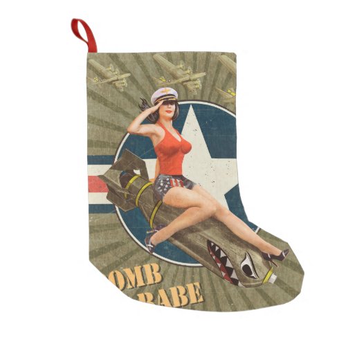 Vintage poster with pin_up girl on bomb abstract small christmas stocking