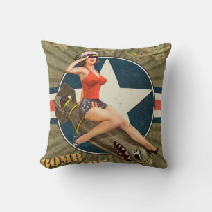 Vintage poster with pin-up girl on bomb. abstract, throw pillow