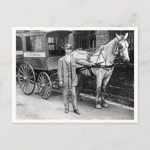 Vintage postman with horse and buggy mail cart postcard