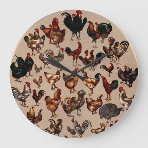 Vintage Poultry Breeds Pattern   Large Clock