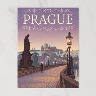 Vintage Prague Charles Bridge Sunset Postcard