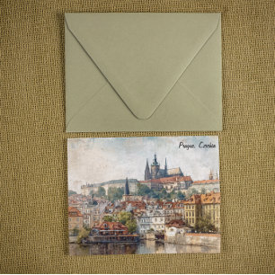 Vintage Prague Czechia Watercolor Painting  Postcard