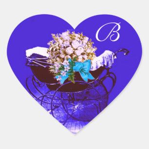 VINTAGE PRAM, FLOWERS BABY SHOWER HEART MONOGRAM HEART STICKER