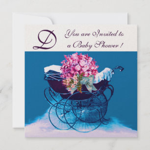 VINTAGE PRAM FLOWERS BLUE BABY SHOWER MONOGRAM INVITATION