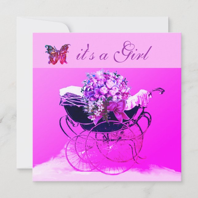 VINTAGE PRAM,FLOWERS,BUTTERFLIES PINK BABY SHOWER INVITATION (Front)