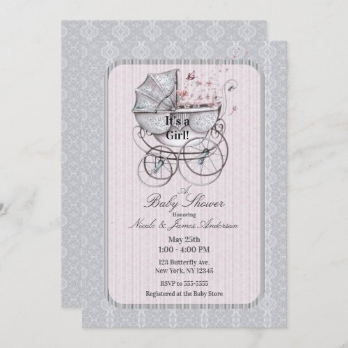 Vintage Pram Stroller White Lace Pink Baby Shower Invitation