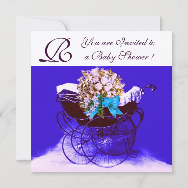 VINTAGE PRAM WITH FLOWERS BABY SHOWER MONOGRAM INVITATION (Front)