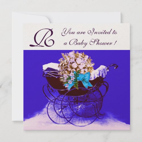 VINTAGE PRAM WITH FLOWERS BABY SHOWER MONOGRAM INVITATION