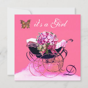 VINTAGE PRAM WITH FLOWERS,BUTTERFLIES BABY SHOWER INVITATION