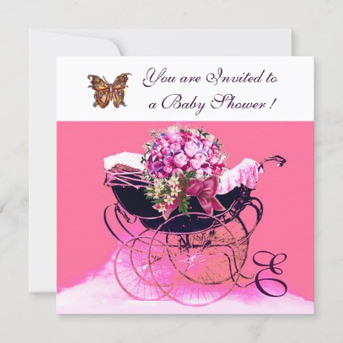 VINTAGE PRAM WITH FLOWERSBUTTERFLIES BABY SHOWER INVITATION