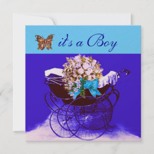 VINTAGE PRAM WITH FLOWERS,BUTTERFLIES BABY SHOWER INVITATION