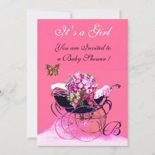 VINTAGE PRAM WITH FLOWERS,BUTTERFLIES BABY SHOWER INVITATION