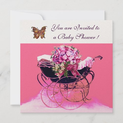 VINTAGE PRAM WITH FLOWERSBUTTERFLIES BABY SHOWER INVITATION