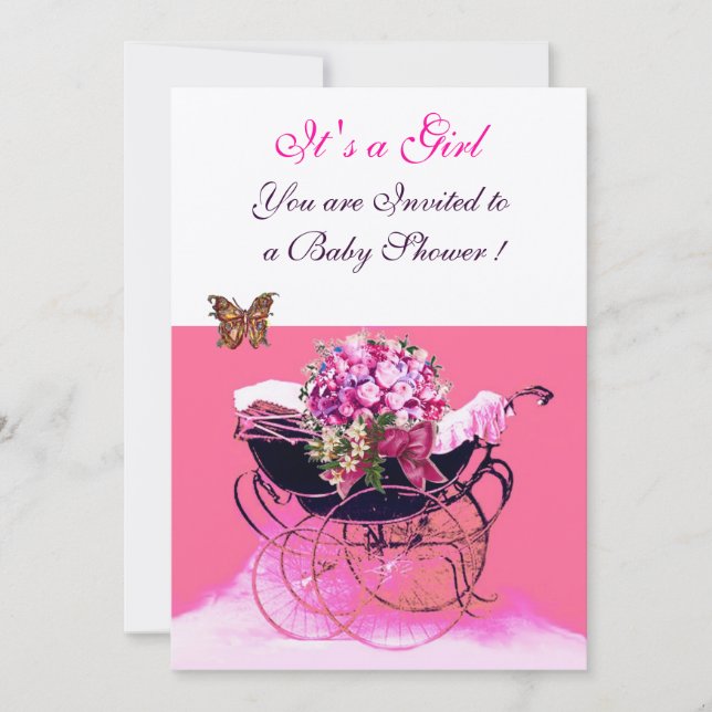 VINTAGE PRAM WITH FLOWERS,BUTTERFLIES BABY SHOWER INVITATION (Front)