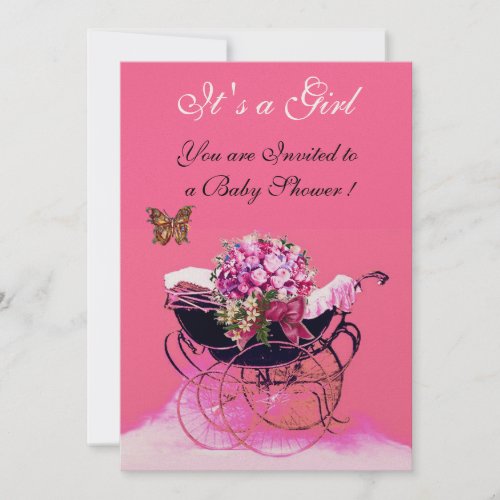 VINTAGE PRAM WITH FLOWERSBUTTERFLIES BABY SHOWER INVITATION