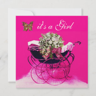 VINTAGE PRAM WITH FLOWERS,BUTTERFLIES BABY SHOWER INVITATION