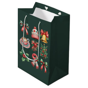 Vintage Preppy Christmas Holiday Coquette Bow Xmas Medium Gift Bag