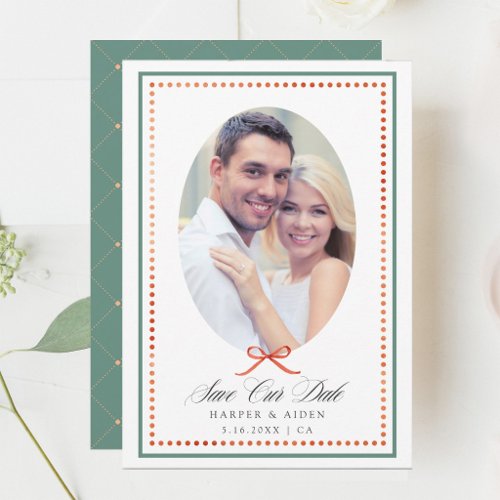 Vintage Preppy Green Orange Bow Photo Save The Date