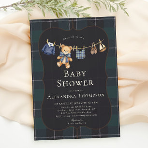 Vintage Preppy Plaid Clothesline Boy Baby Shower Invitation