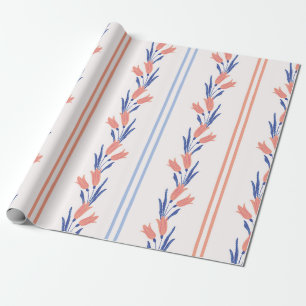 Vintage Preppy Salmon & Blue Floral Stripe Wrapping Paper