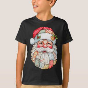 Vintage Preppy Santa Claus Face Patchwork Christma T-Shirt