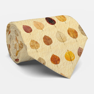 Vintage Pressed Fall Leaves Gold Brown Cream Neck Tie
