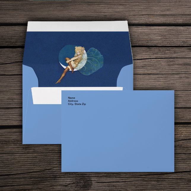 Vintage Pretty Blue Fairy Stockings Blue Moon Envelope (Blond pretty fairy wearing stockings sitting on moon on blue mailing envelopes.)