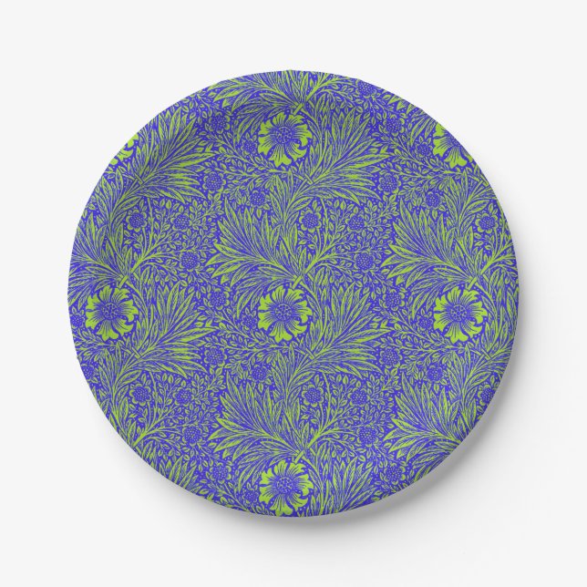 Vintage pretty blue lime green floral pattern paper plates (Front)
