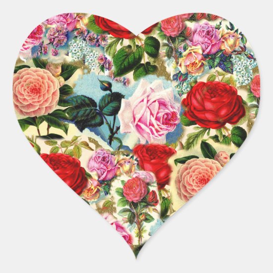 Vintage Pretty Chic Floral Rose Garden Collage Heart Sticker