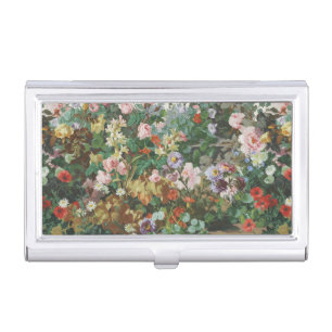 Vintage pretty colorful flowers floral painting business card case