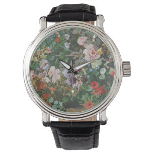 Vintage pretty colorful flowers floral painting watch