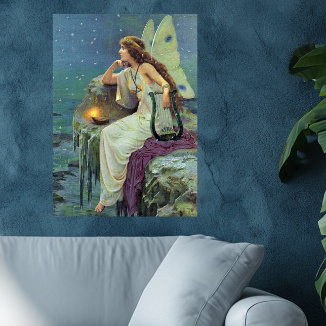 Vintage Pretty Fairy Fae Harp Candle Ocean Poster (Pretty Fairy on cliff by sea harp lit candle on artwork poster.)