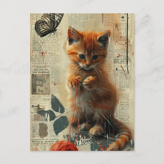 Vintage Pretty Ginger Kitten Collage Postcard (Front)