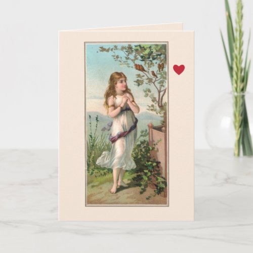 Vintage pretty girl in garden Valentine card