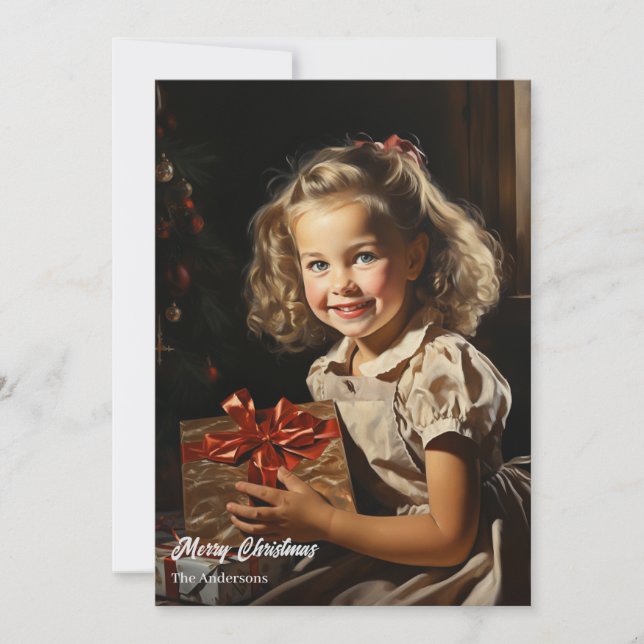 Vintage pretty girl with Christmas present  Holiday Card (Front)