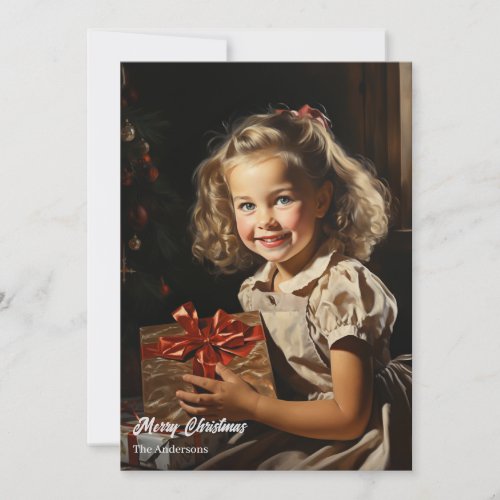 Vintage pretty girl with Christmas present  Holiday Card