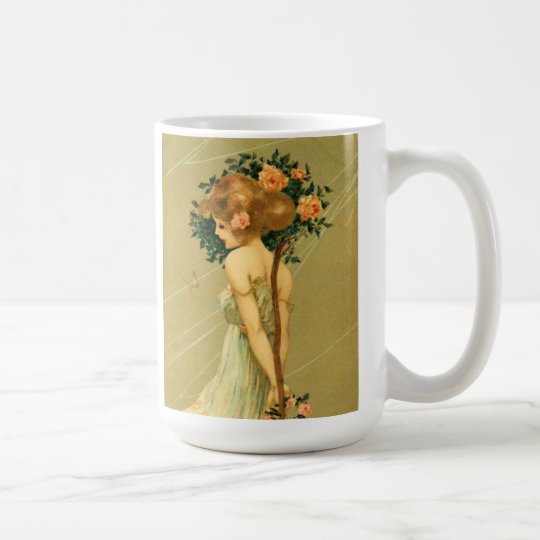 Vintage Pretty Girl With Pink Roses and Butterfly Coffee Mug