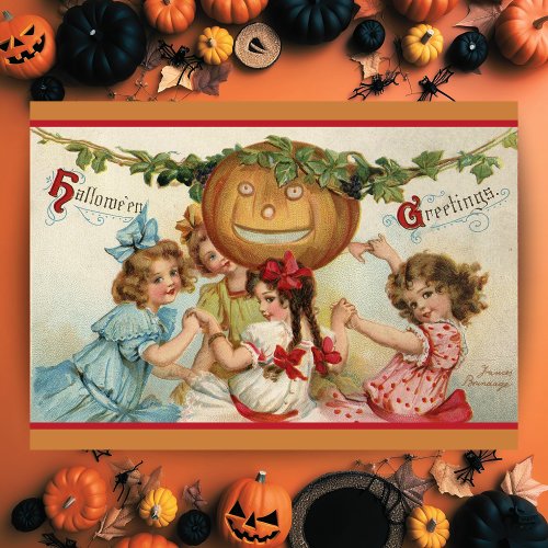 Vintage Pretty Girls with Pumpkin Custom Halloween Holiday Card