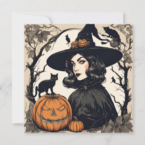 Vintage Pretty Halloween Witch with Black Cats Card